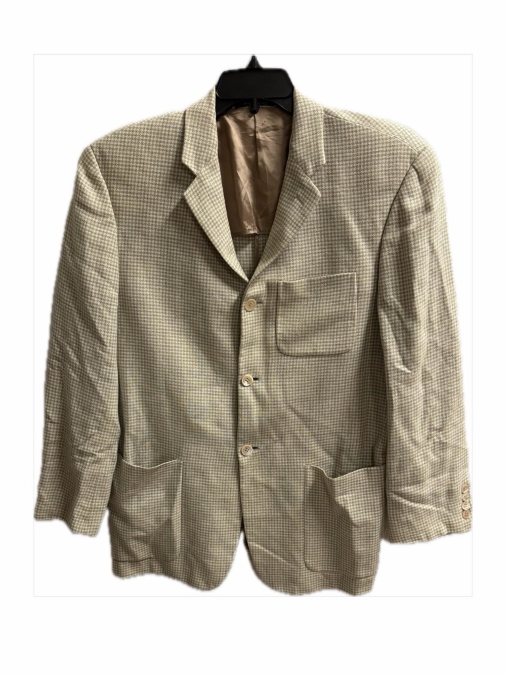 Men's Beige Houndstooth Sport Coat Blazer - Classic Made in Italy Wool and Linen